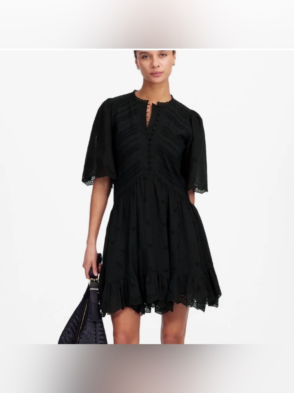 Eyelet Flutter Sleeve Mini Dress in Cotton
